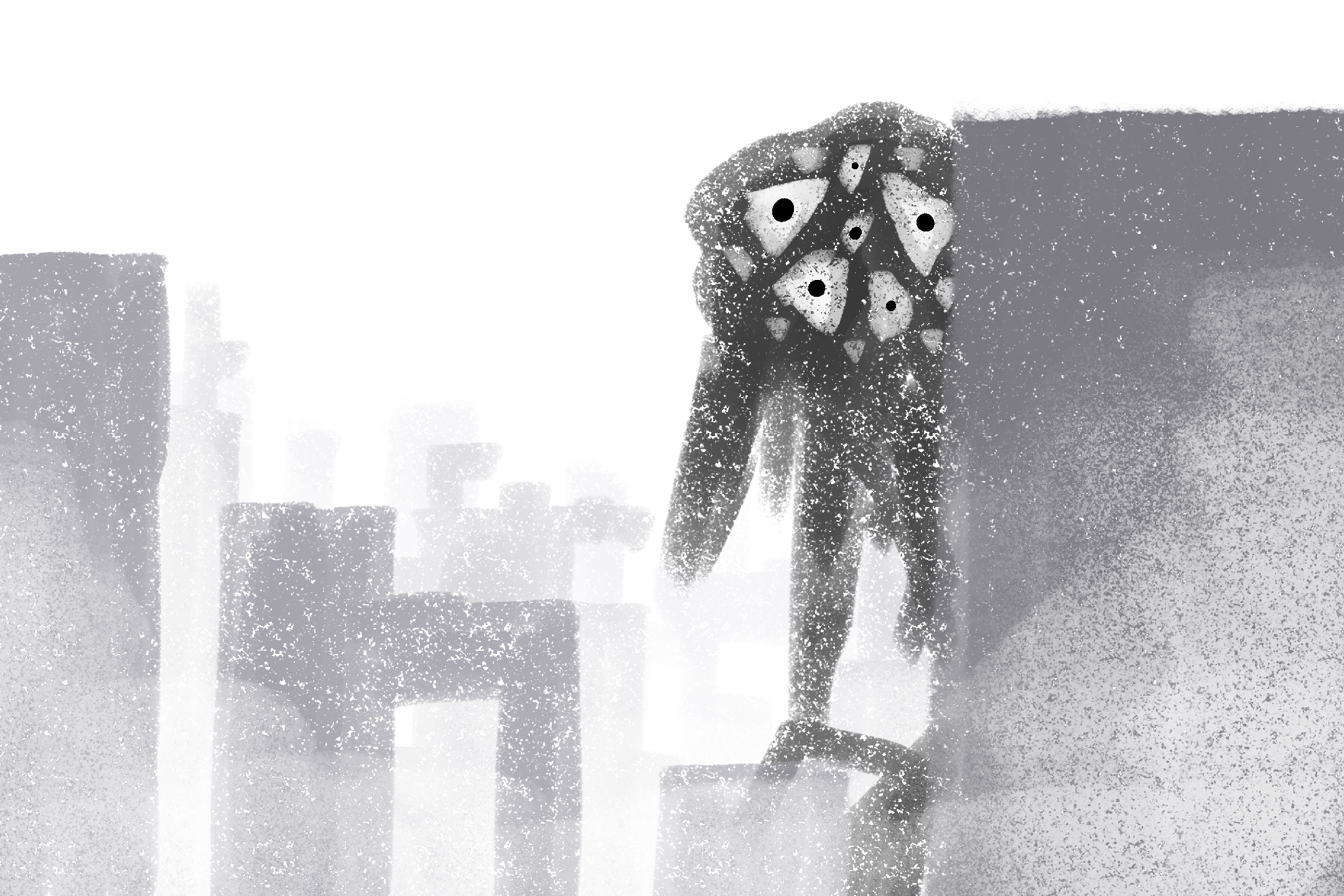 A giant pitch-black goopy creature peeks its several eyes out from behind a building, 
                  a stark contrast to the snowy and grey environment